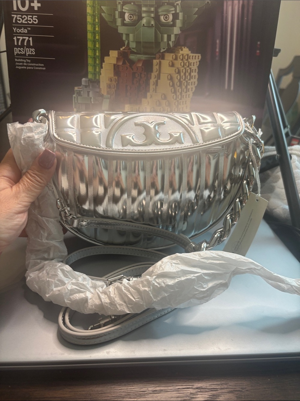 Tory Burch Metallic Silver Quilted Crossbody
